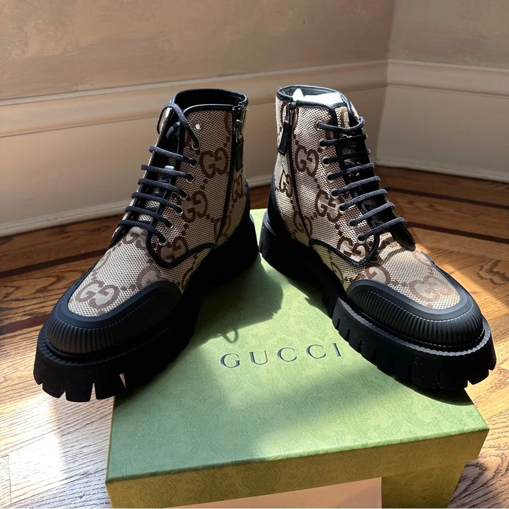 Gucci Maxi GG Canvas Lace Up Boots Size 40.5 New with‎ Box - Picture 5 of 10